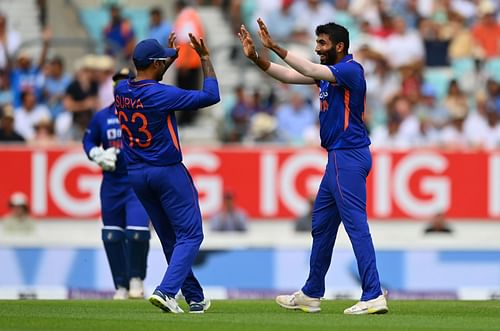 Jasprit Bumrah (right) was the wrecker-in-chief as the Men in Blue thrashed England to take a 1-0 lead in the ODI series.