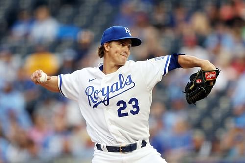 Zack Greinke pitches at Los Angeles Angels v Kansas City Royals game.