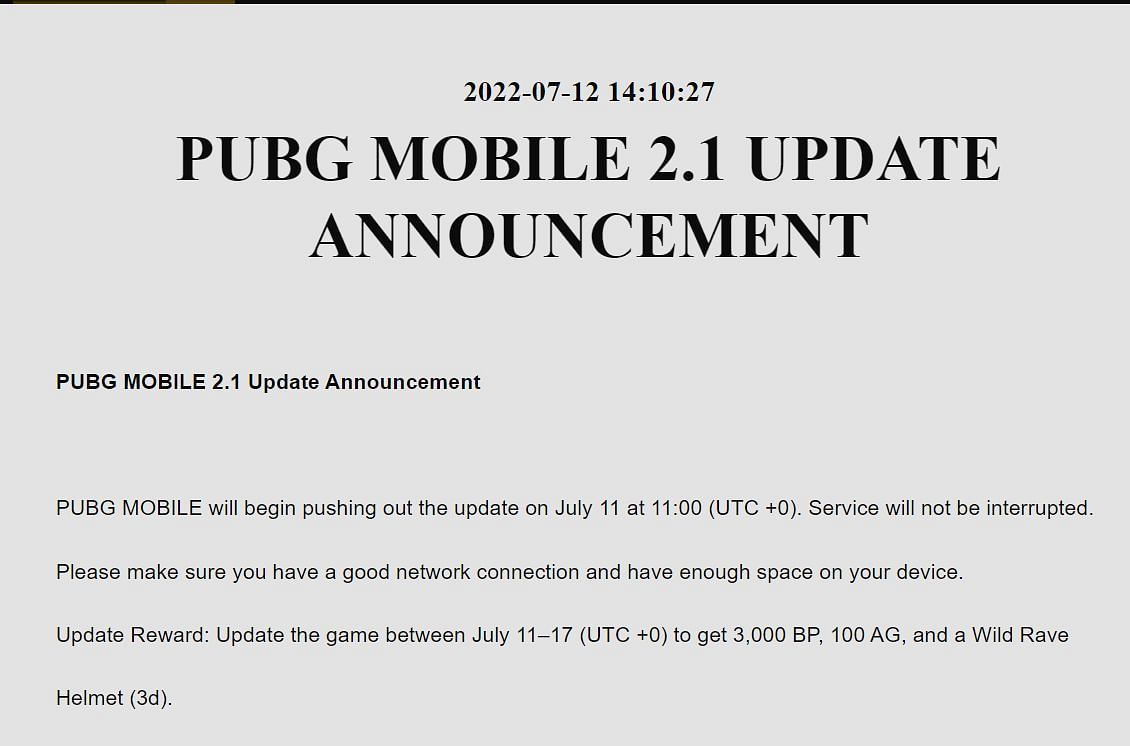 Snippet showing the official announcement of PUBG Mobile 2.1 update&#039;s release (Image via Krafton)