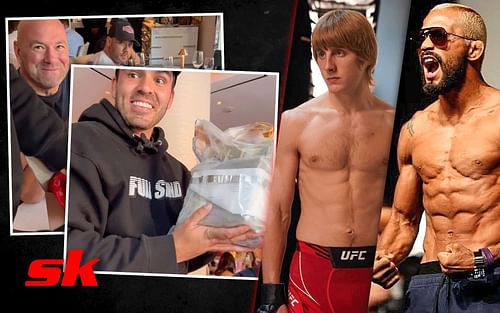 (L to R) Dana White, Kyle Forgeard, Paddy Pimblett, and Deiveson Figueiredo [Images via @kyleforgeard on Twitter, @theufcbaddy, and @daico_deusdaguerra on Instagram]