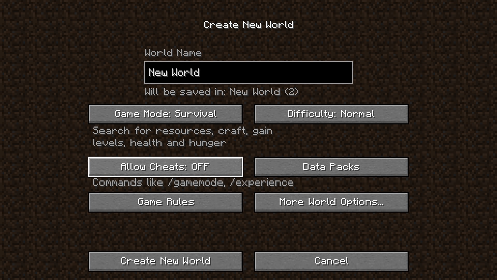 Allow cheats option present while creating a new world (Image via Mojang)