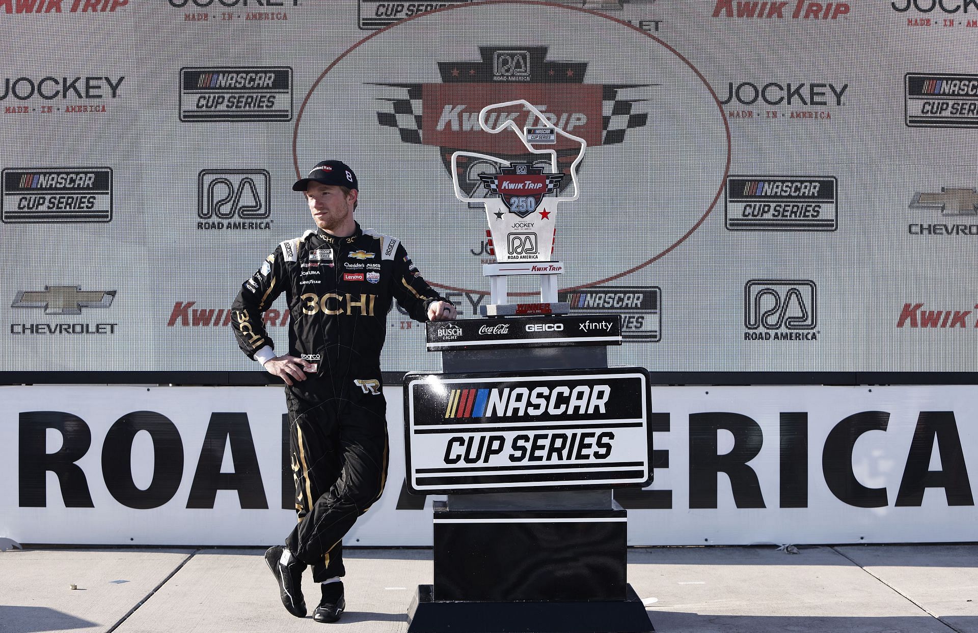 Tyler Reddick looks on in victory lane after winning the NASCAR Cup Series Kwik Trip 250 at Road America (Photo by Sean Gardner/Getty Images)