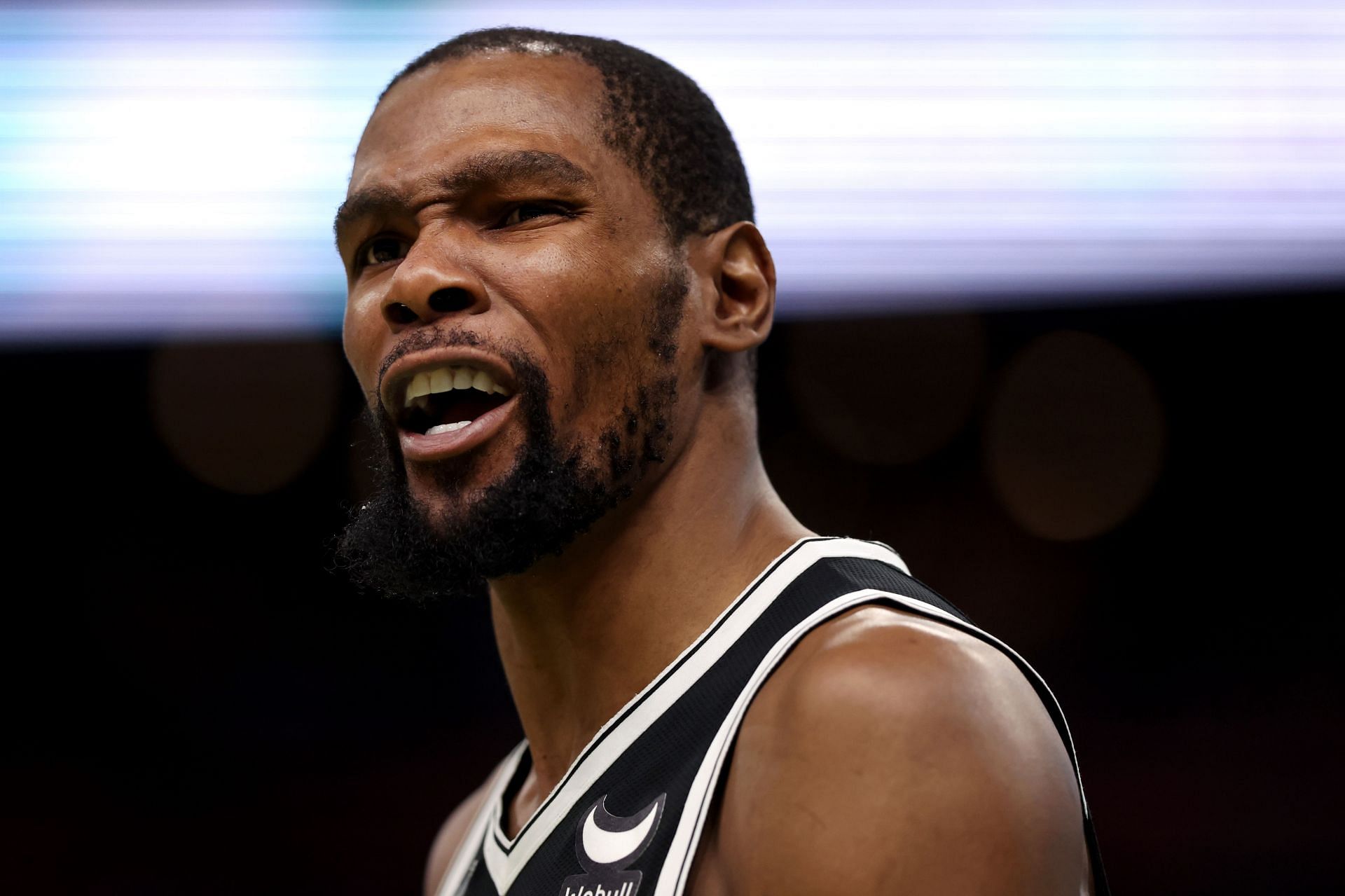 Kevin Durant of the Brooklyn Nets disputes a call during Game 2 of the Eastern Conference first round playoffs against the Boston Celtics on April 20 in Boston, Massachusetts