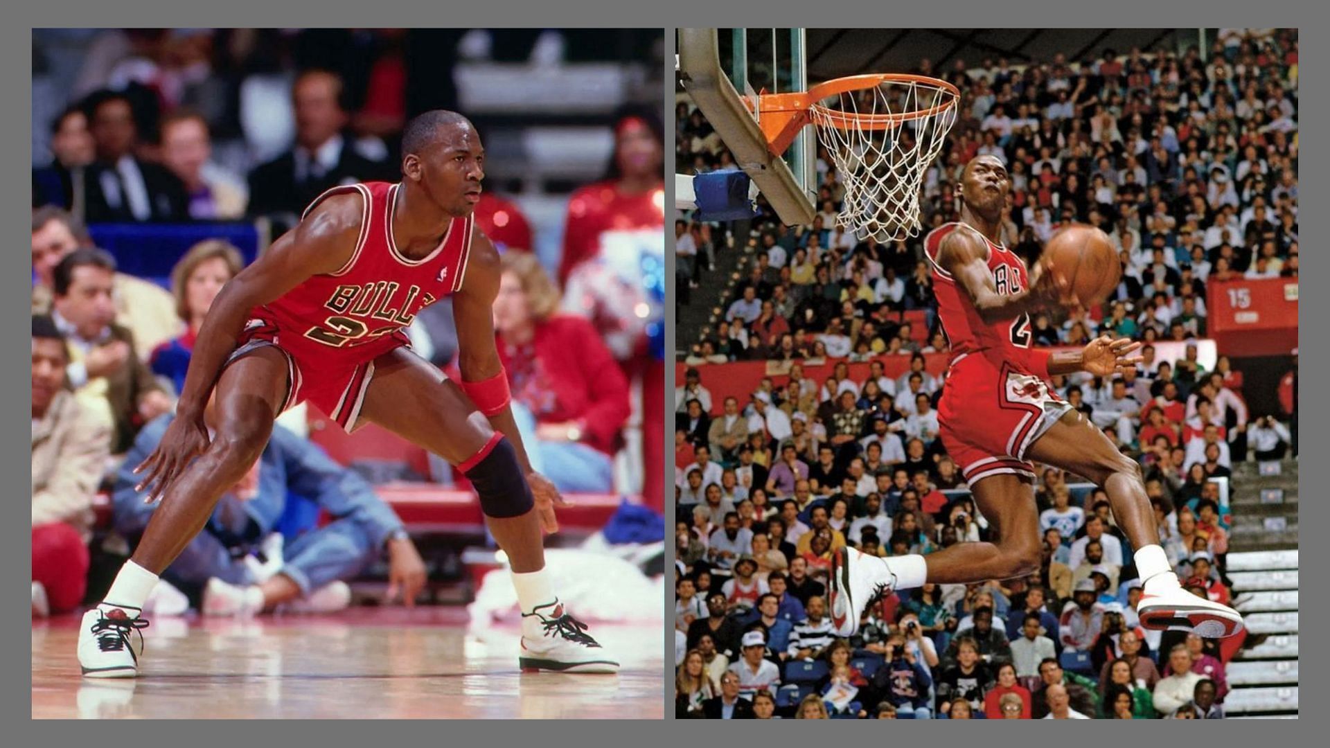 Michael Jordan sporting the OG Air Jordan 2 White/Red colorway during his 1986 game (Image via Twitter/@fullress)