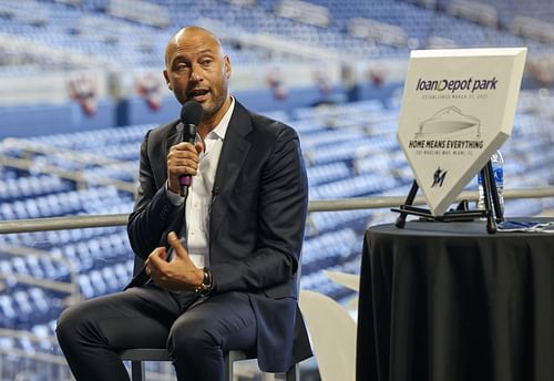 Jeter, seen here at a Miami Marlins Press Conference, missed David Ortiz's Hall of Fame induction.