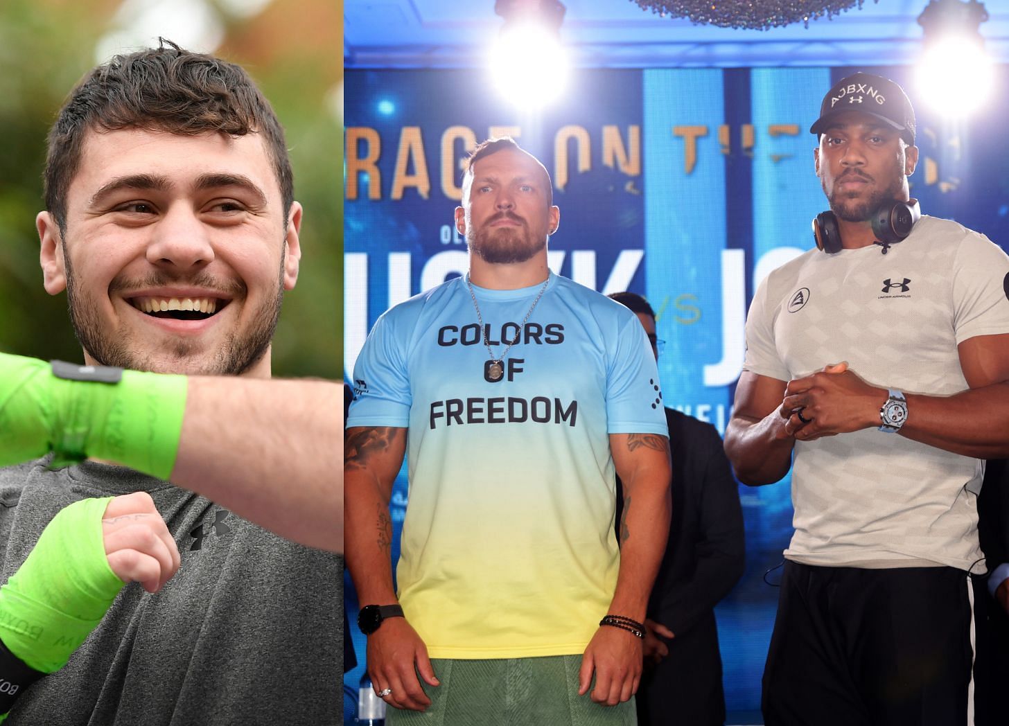 Dave Allen (left), Oleksandr Usyk and Anthony Joshua at the recent London press conference (right)