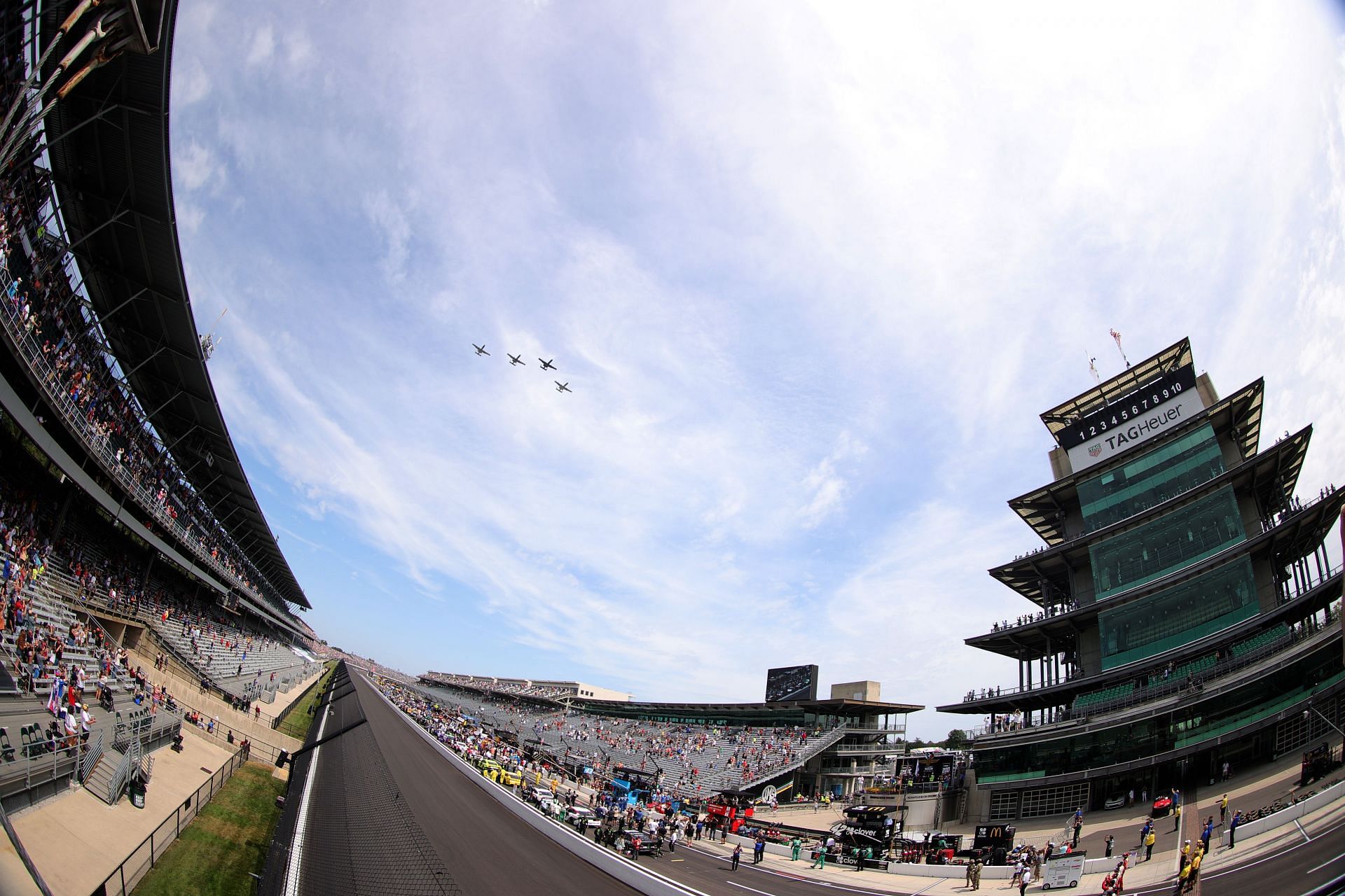 A general view of a flyover during pre-race ceremonies before the NASCAR Cup Series Verizon 200 at the Brickyard at Indianapolis Motor Speedway (Photo by Stacy Revere/Getty Images)