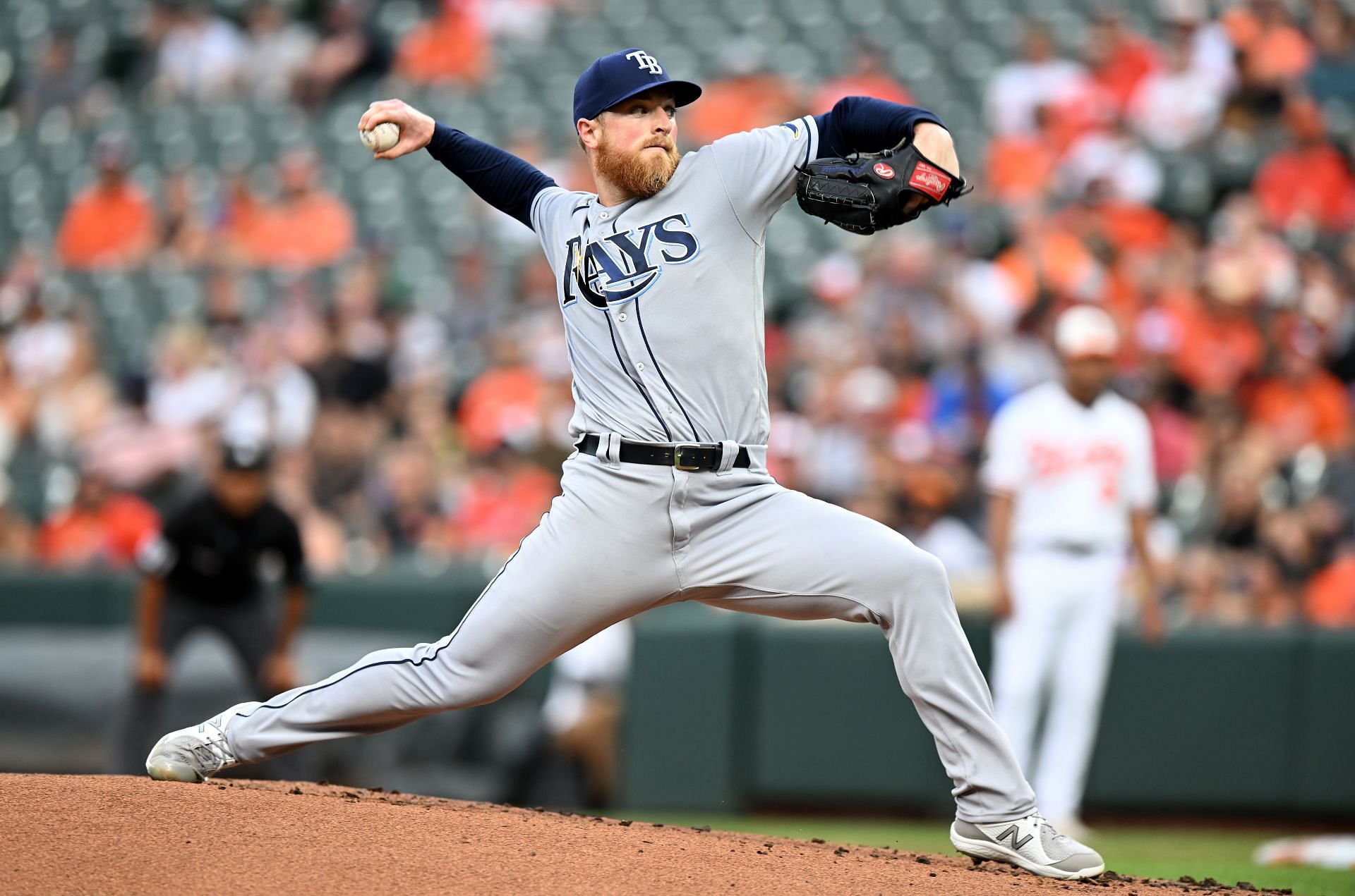 Pitcher Drew Rasmussen pitches during today&#039;s Tampa Bay Rays v Baltimore Orioles game.