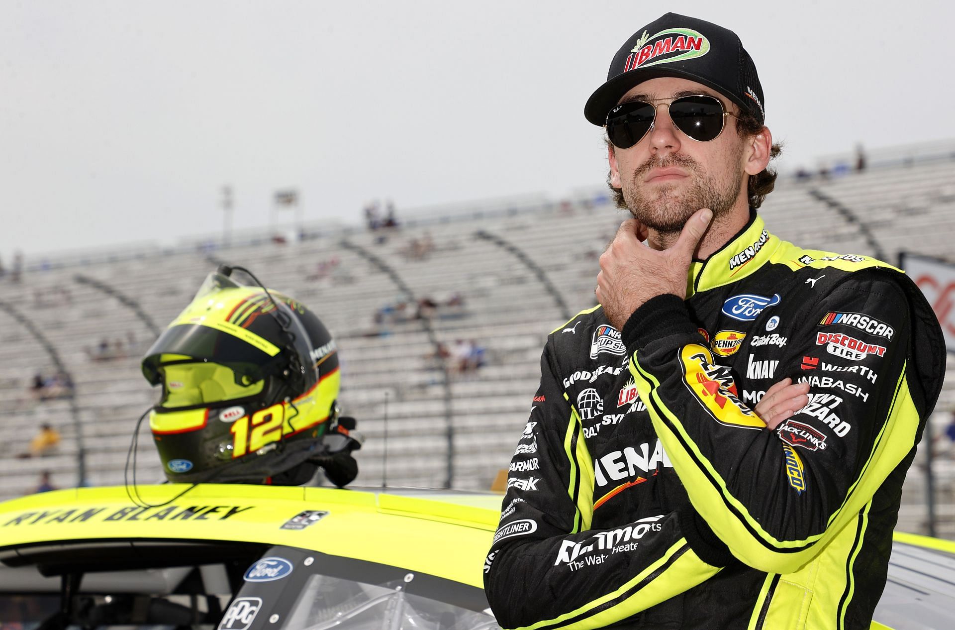 Ryan Blaney looks on during qualifying for the NASCAR Cup Series Ambetter 301 at New Hampshire Motor Speedway