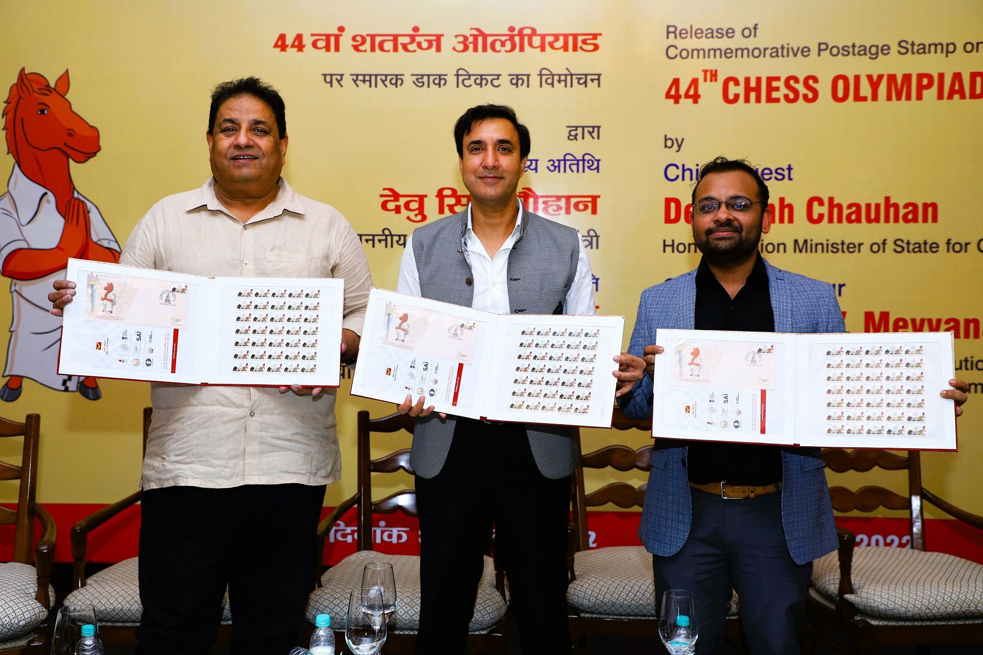 Grandmaster Abhijeet Gupta (R) with AICF president Sanjay Kapoor (C) and AICF Secretary Bharat Singh Chauhan in New Delhi on Wednesday. (Pic credit: AICF)