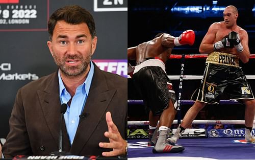 Eddie Hearn (L), and Tyson Fury vs. Derek Chisora (R).