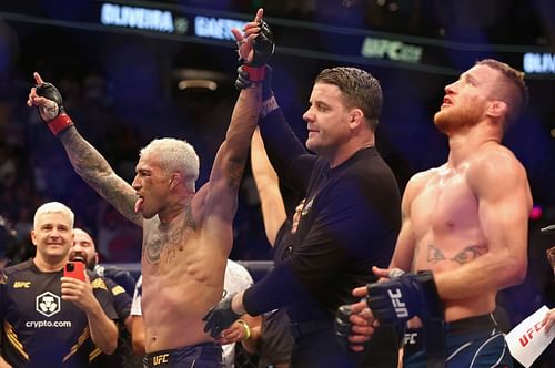 UFC 274: Oliveira vs. Gaethje: Charles Oliveira after his win against Justin Gaethje (right) [Image courtesy of Getty]