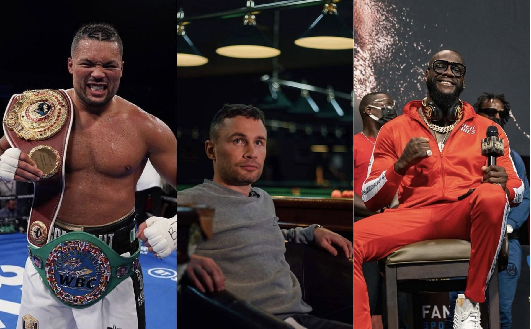 Joe Joyce (left), Carl Frampton (middle), Deontay Wilder (right) - Images via @joejoyceboxing, @theframpton, @bronzebomber on Instagram