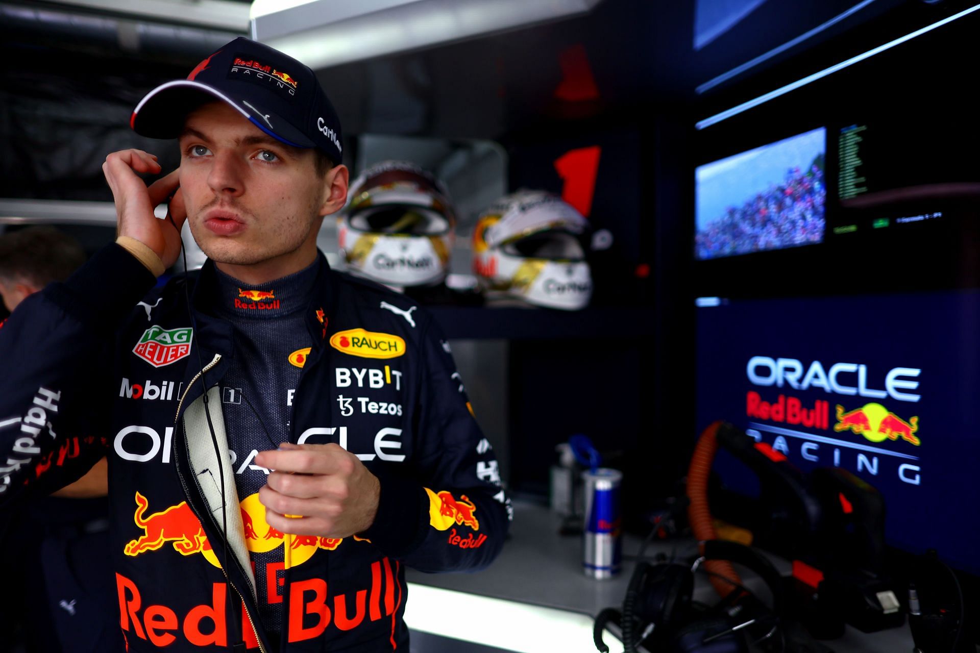 Max Verstappen prepares to drive in the garage during qualifying ahead of the F1 Grand Prix of France at Circuit Paul Ricard on July 23, 2022 in Le Castellet, France. (Photo by Mark Thompson/Getty Images)
