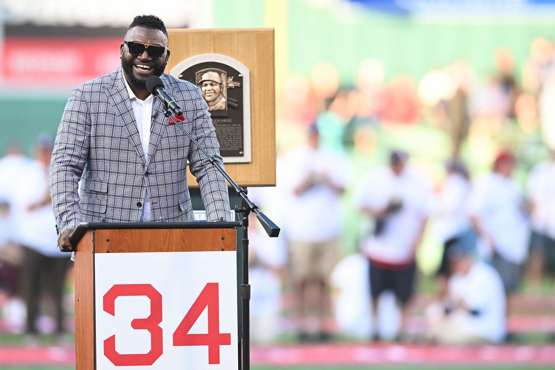 Former Boston Red Sox player David Ortiz is honored at Fenway Park following his weekend induction into the Baseball Hall of Fame, prior to the game against the Cleveland Guardians on July 26, 2022