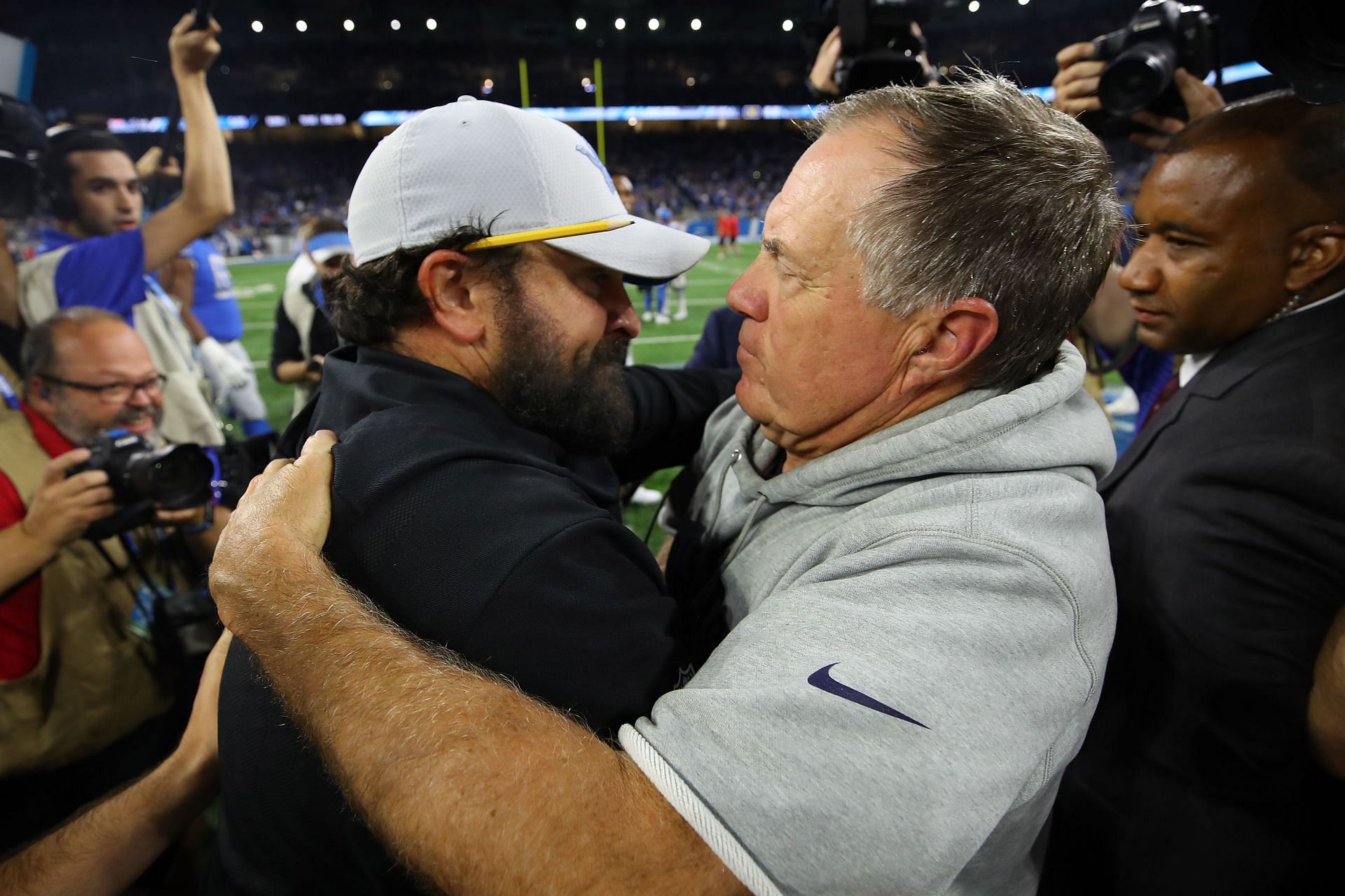 Matt Patricia and Bill Belichick at New England v Detroit