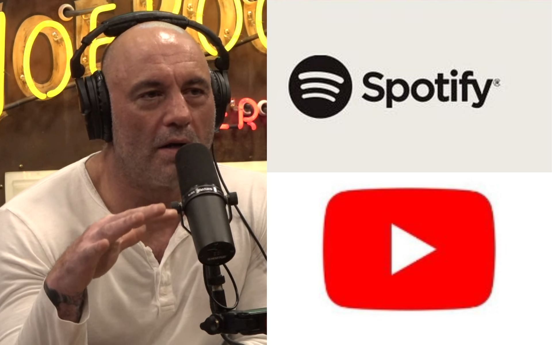 Joe Rogan (left) Spotify logo (top right) YouTube logo (bottom right) (image courtesy @youtube @spotify Instagram and @JRE Spotify)