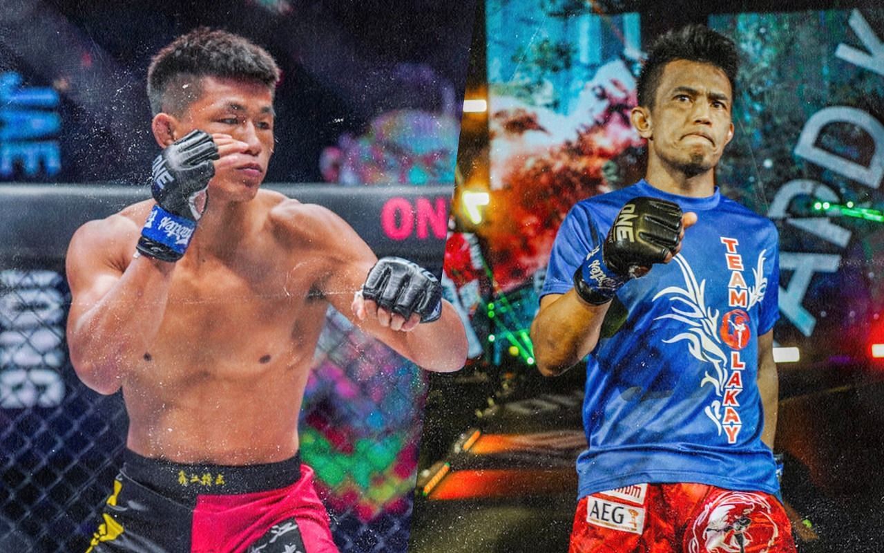Tang Kai (left) famously threw a headplant roudhouse kick at Edward Kelly (right). (Images courtesy of ONE Championship)