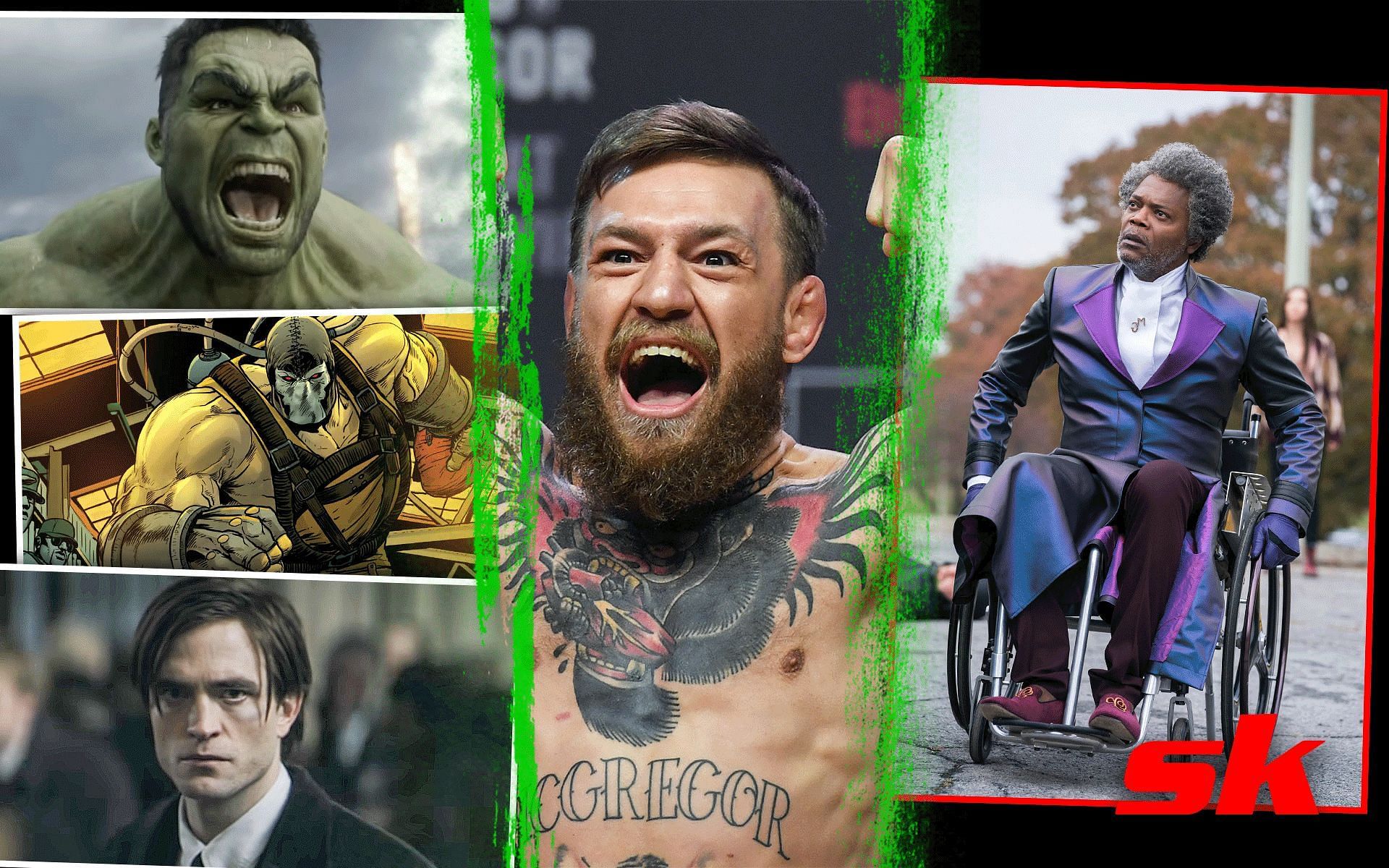 (Left top to bottom) Hulk (via @Marvel Entertainment on YouTube), Bane (via dccomics.com), Bruce Wayne (via @Warner Bros. Pictures on YouTube), Conor McGregor (Center), Mr.Glass (via @wired.com)