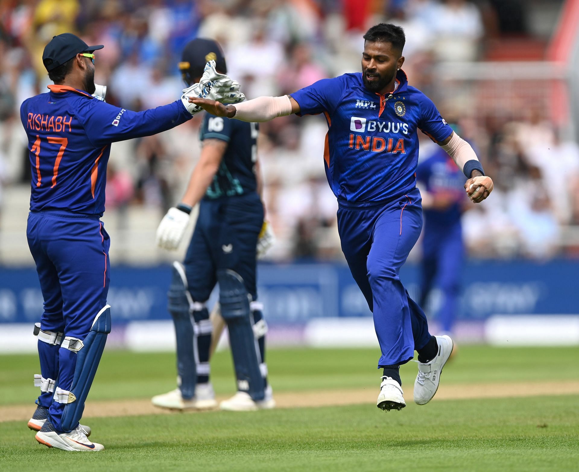 Hardik Pandya celebrates one of his four wickets. Pic: Getty Images