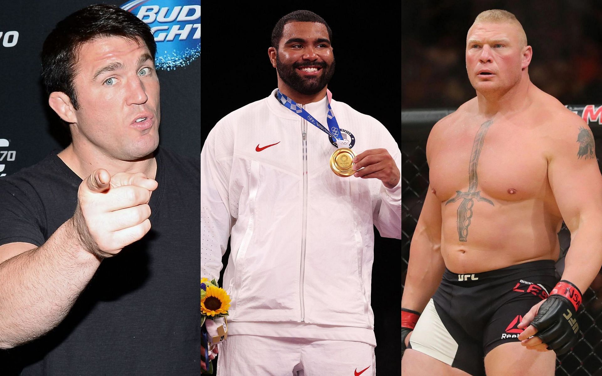 L-R: Chael Sonnen, Gable Steveson, and Brock Lesnar