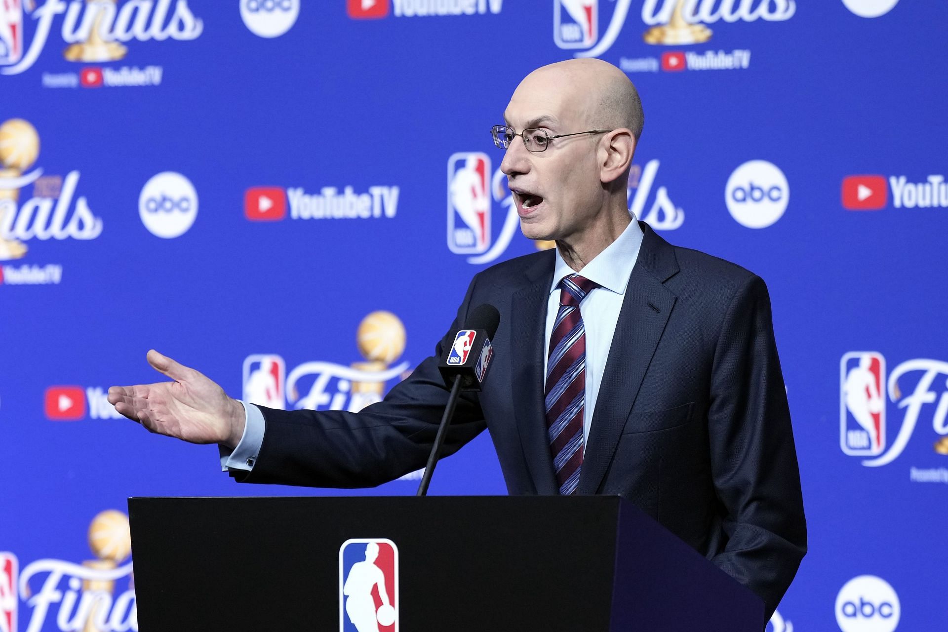NBA commissioner Adam Silver speaks to the media before the 2022 Finals