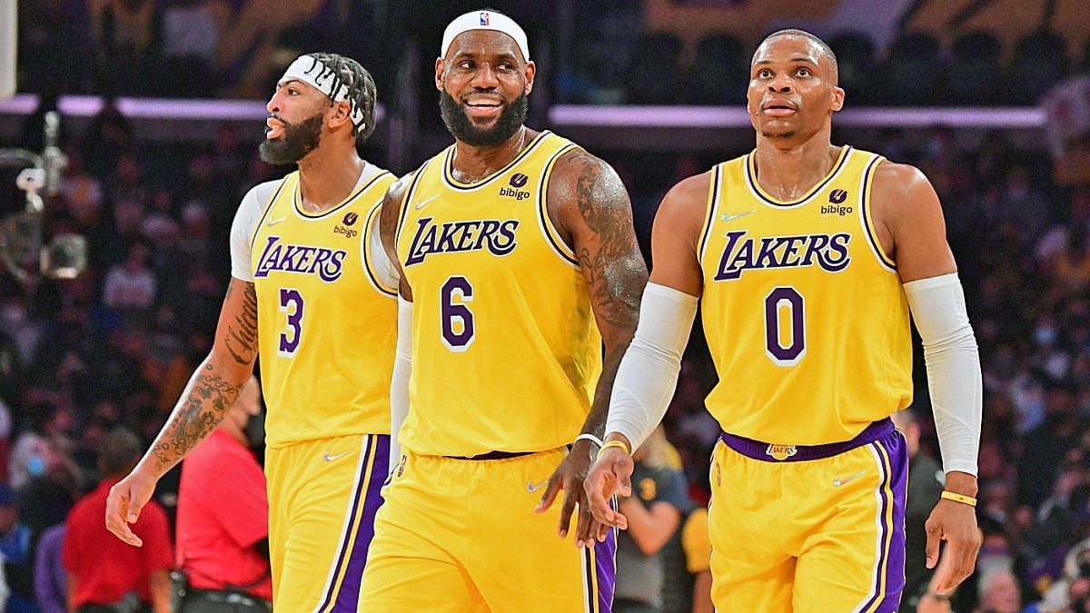 Lebron James, Anthony Davis and Russell Westbrook of the Los Angeles Lakers
