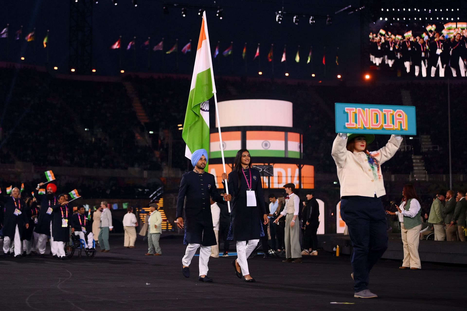 Manpreet Singh and PV Sindhu leading the Indian contingent at CWG Opening Ceremony. (PC: Getty)