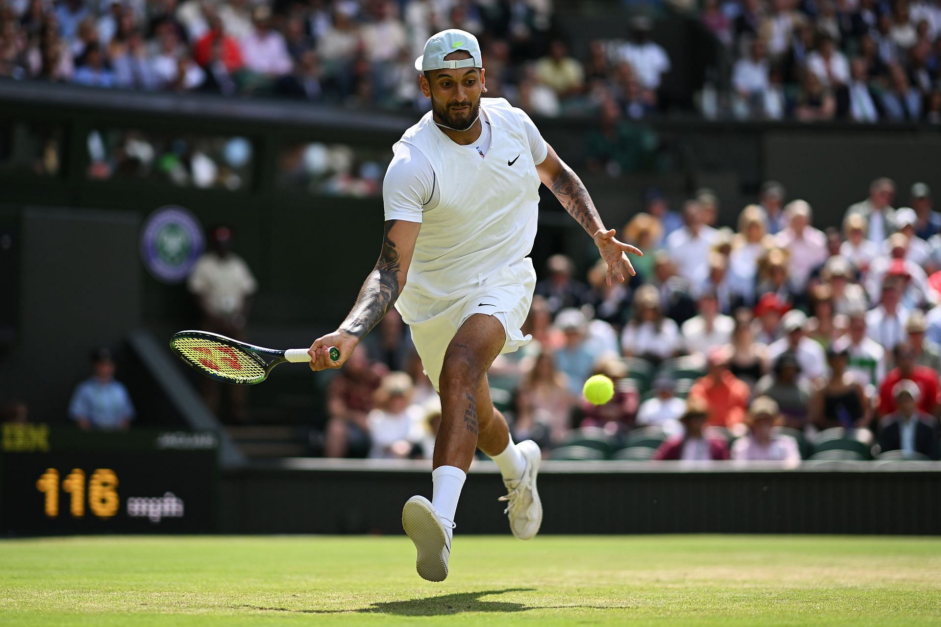 Nick Kyrgios in action at the 2022 Wimbledon Championships