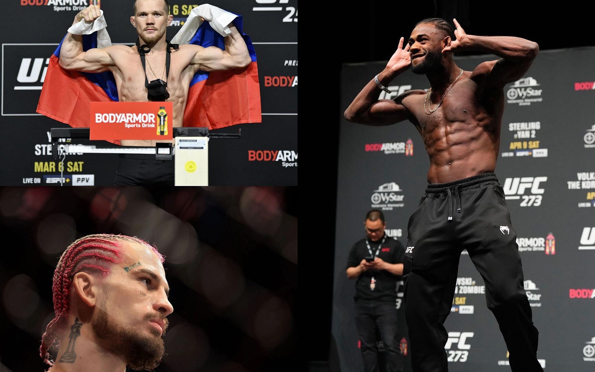Petr Yan (top left), Sean O&#039;Malley (bottom left), and Aljamain Sterling (right) [Images courtesy of Getty and @funkmastermma Instagram]