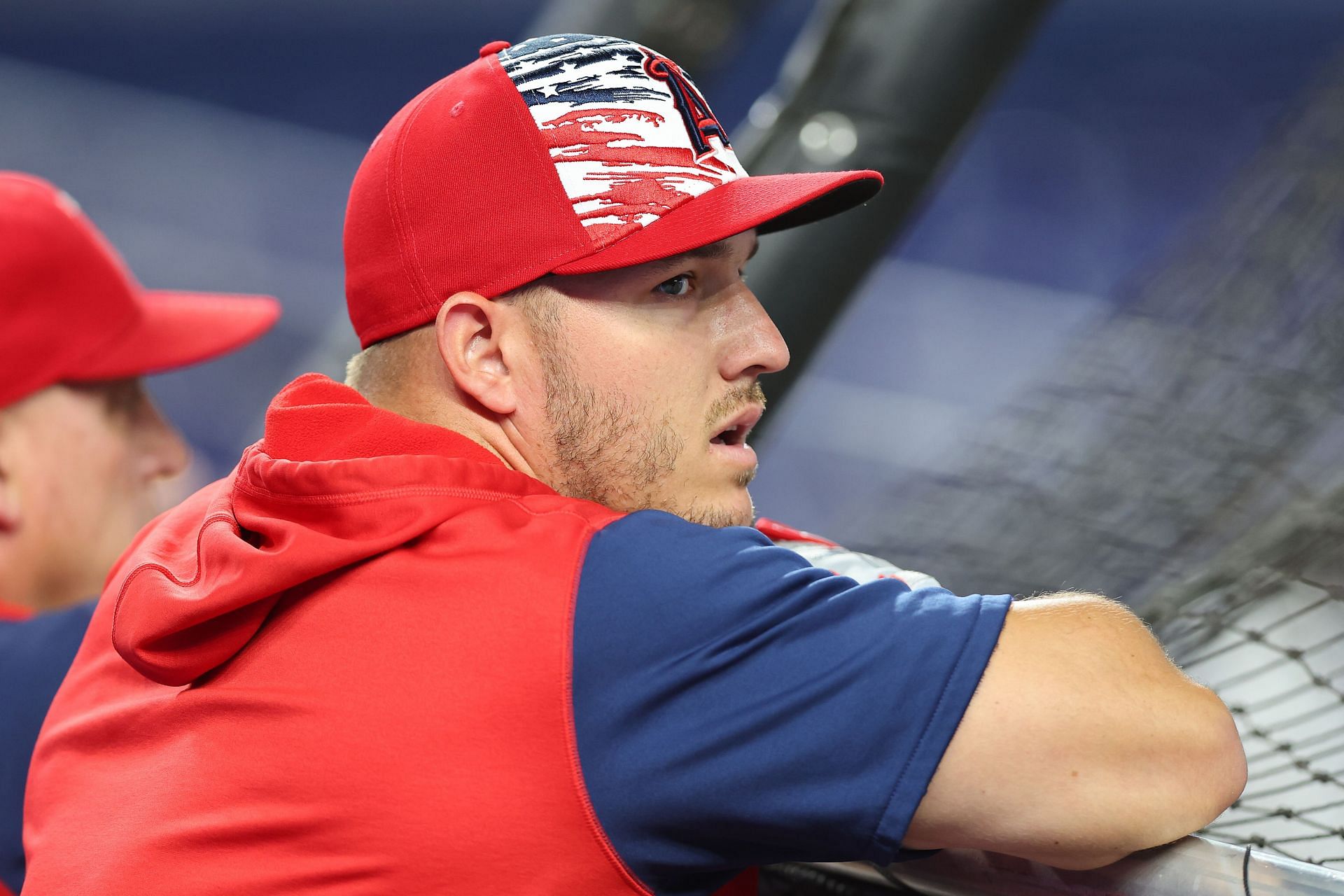 Mike Trout looks on during batting practice prior to the game against the Miami Marlins.