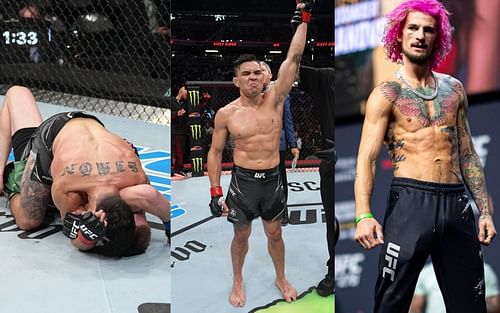 Ricky Simon submits Jack Shore (left), Ricky Simon post-win (center), Sean O'Malley (right) [Images courtesy: @ufc and @sugaseanmma via Instagram]