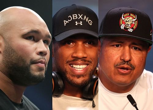 Frazer Clarke (left), Anthony Joshua (center), Robert Garcia (right)