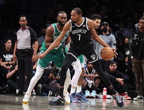 Jaylen Brown trying to guard Kevin Durant during the Boston Celtics v Brooklyn Nets first-round series