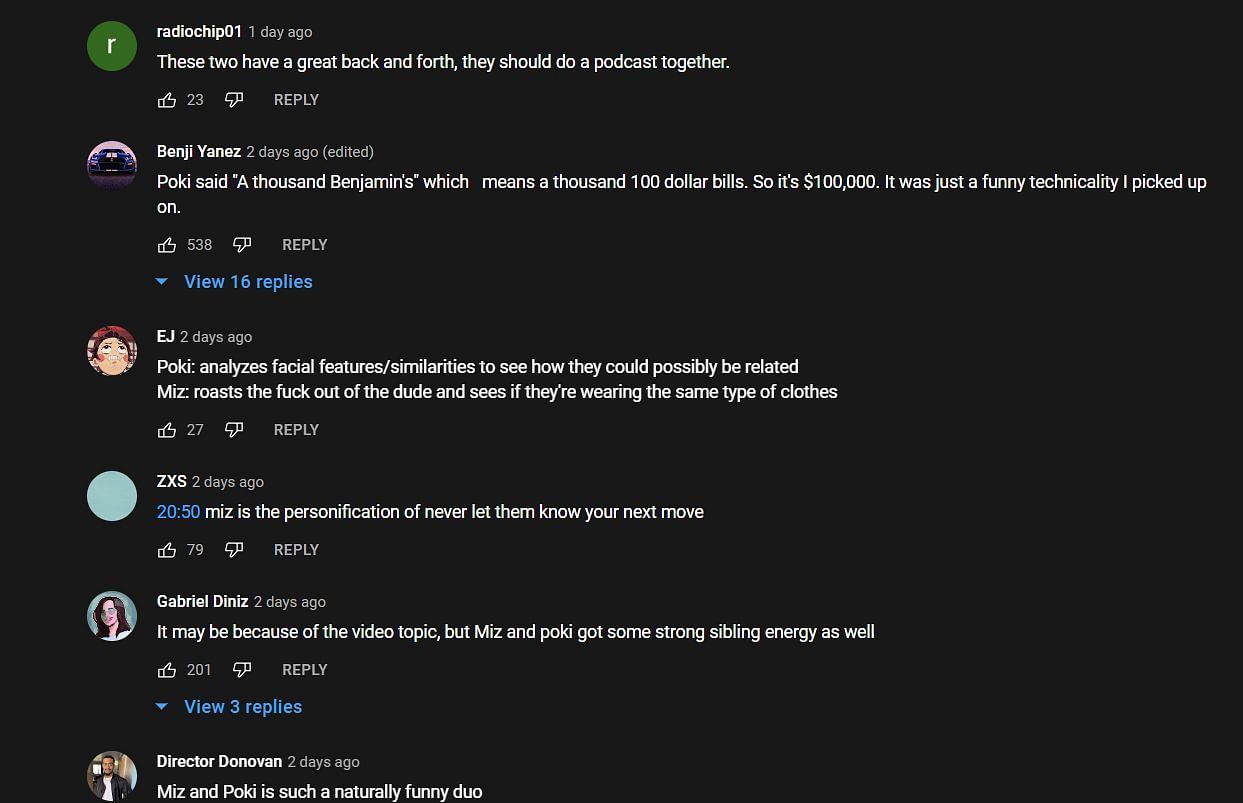 Comments lauding the rapport between Miz and Poki (Image via Mizkif/YouTube)