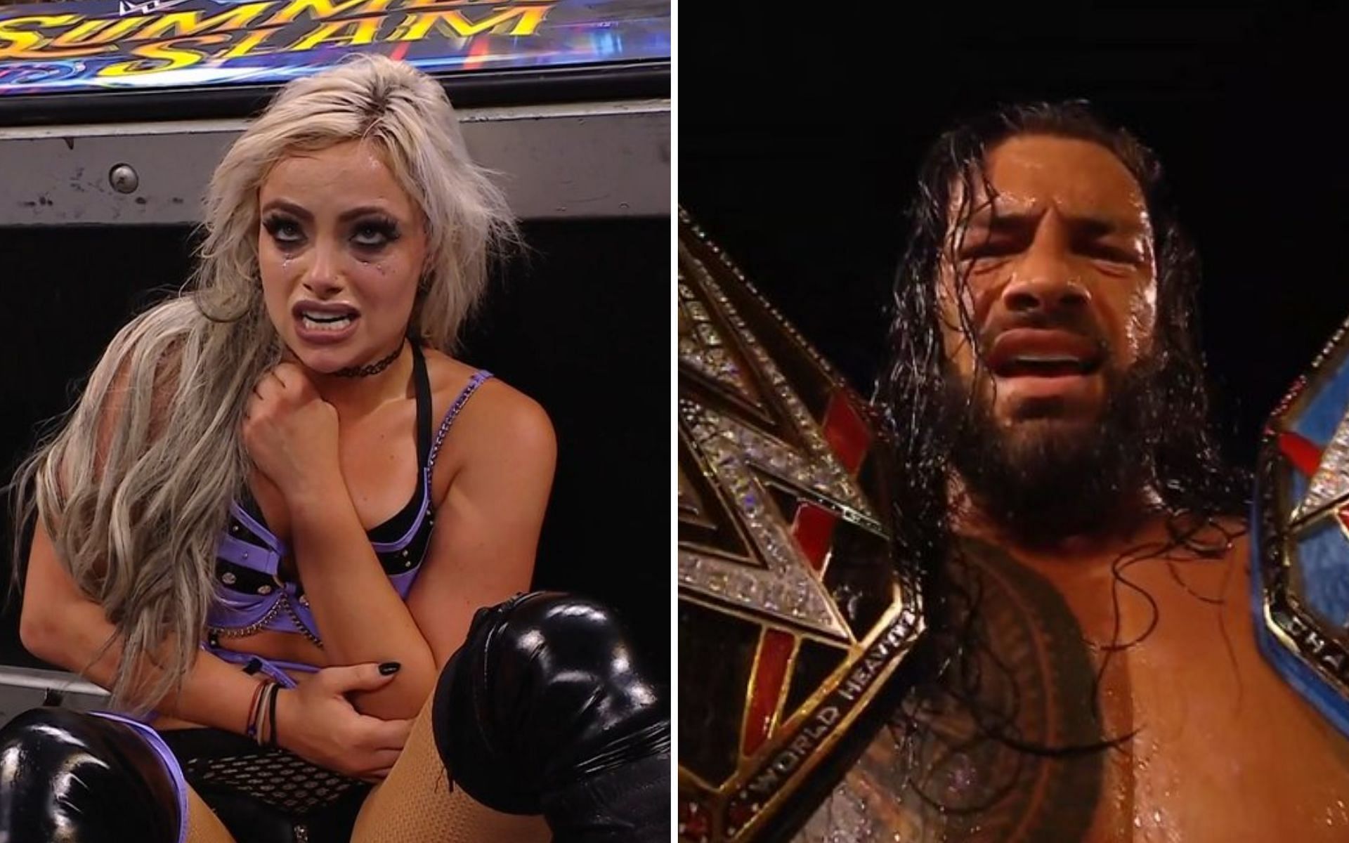 Liv Morgan (left); Roman Reigns (right)