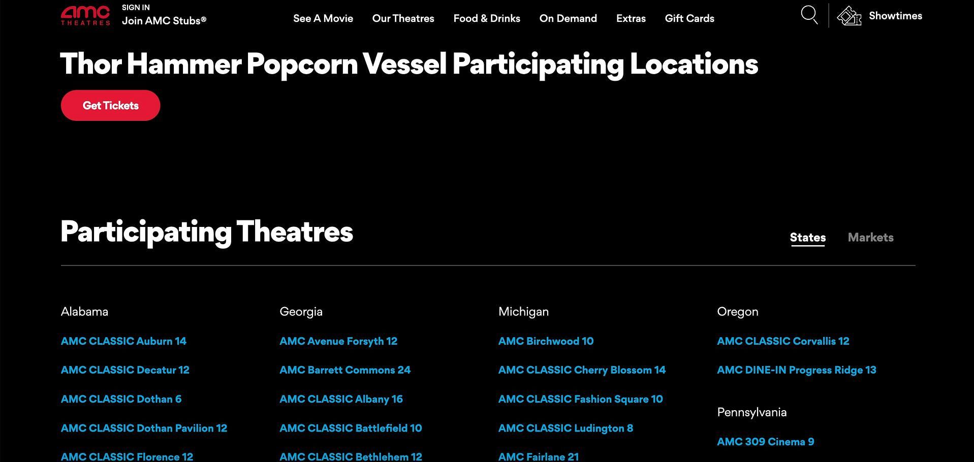 AMC Theatres gives the list of cinema outlets that will have the Thor Popcorn Bucket. (Image via AMC Theatres)