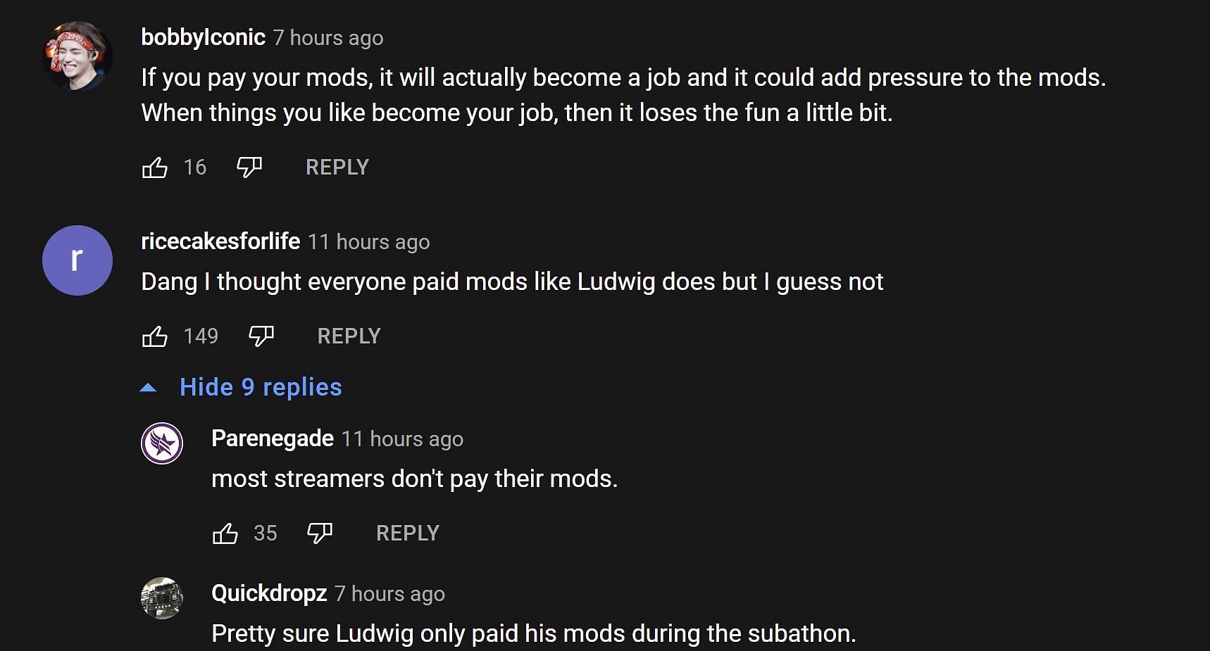 Fans in the YouTube comments section discussing whether streamers should pay their channel moderators 2/2 (Images via OTV COPIUM/YouTube)