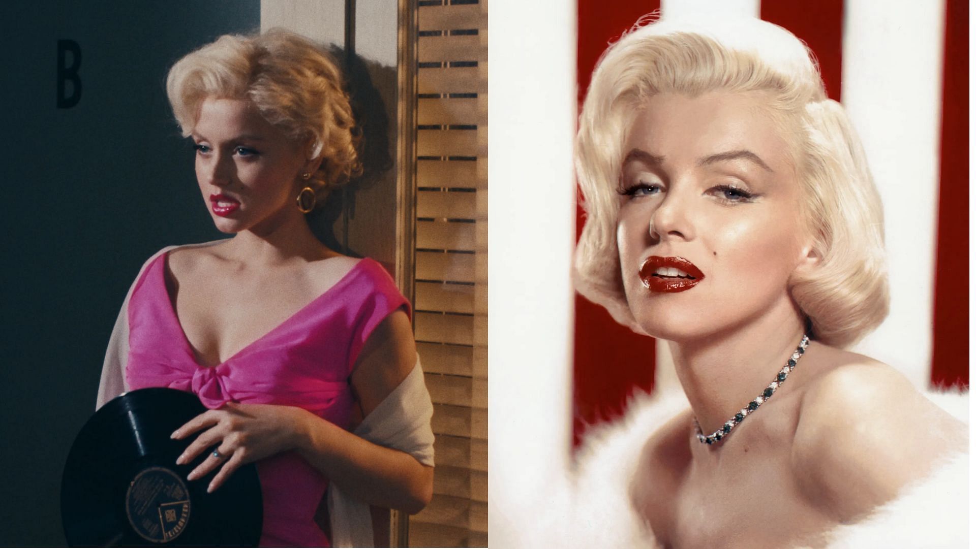 Ana De Armas in &#039;Blonde&#039; and Marilyn Monroe (Image via Netflix, and Sunset Boulevard/Getty Images)