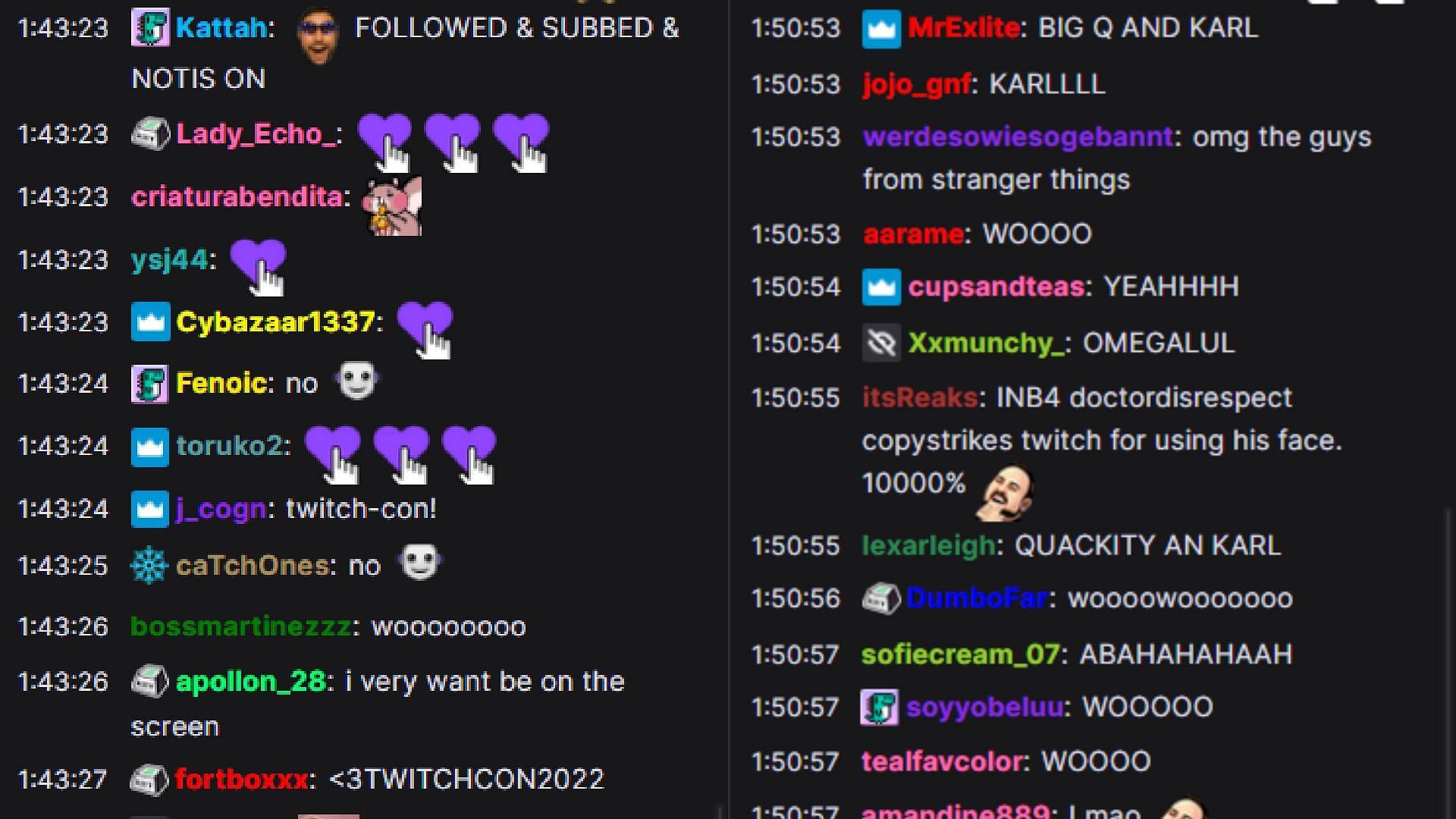 Chat reacting to Dr DisRespect appearing on stream (Image via Twitch)