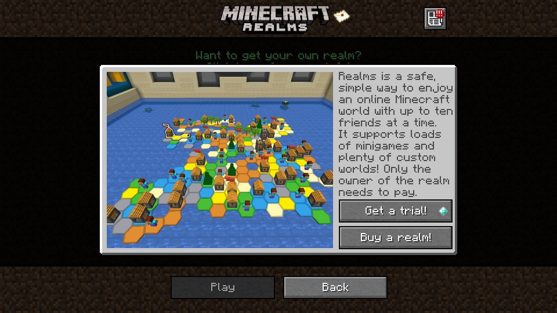Realms page where players can pay to get a multiplayer world (Image via Minecraft Java 1.19 update)