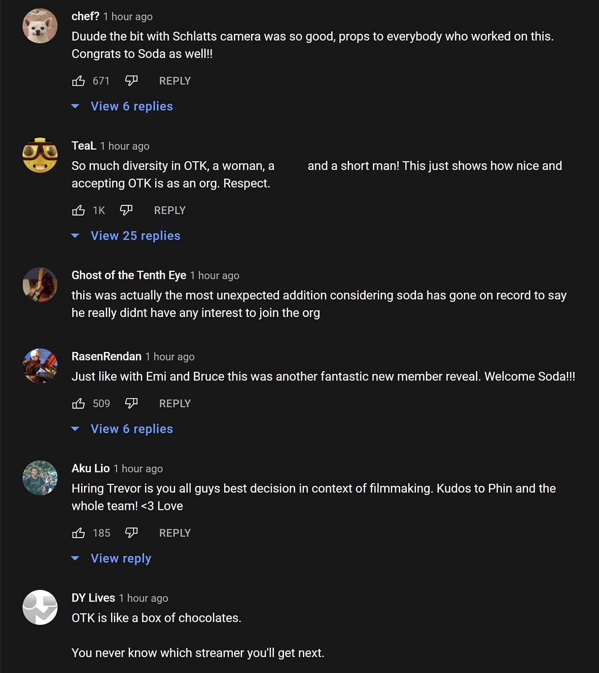 Fans in the YouTube comment section responding to the announcement (Image via OTK/YouTube)