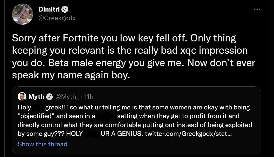 Greek fires back at Myth and calls him an xQc impersonator (Image via Twitter)