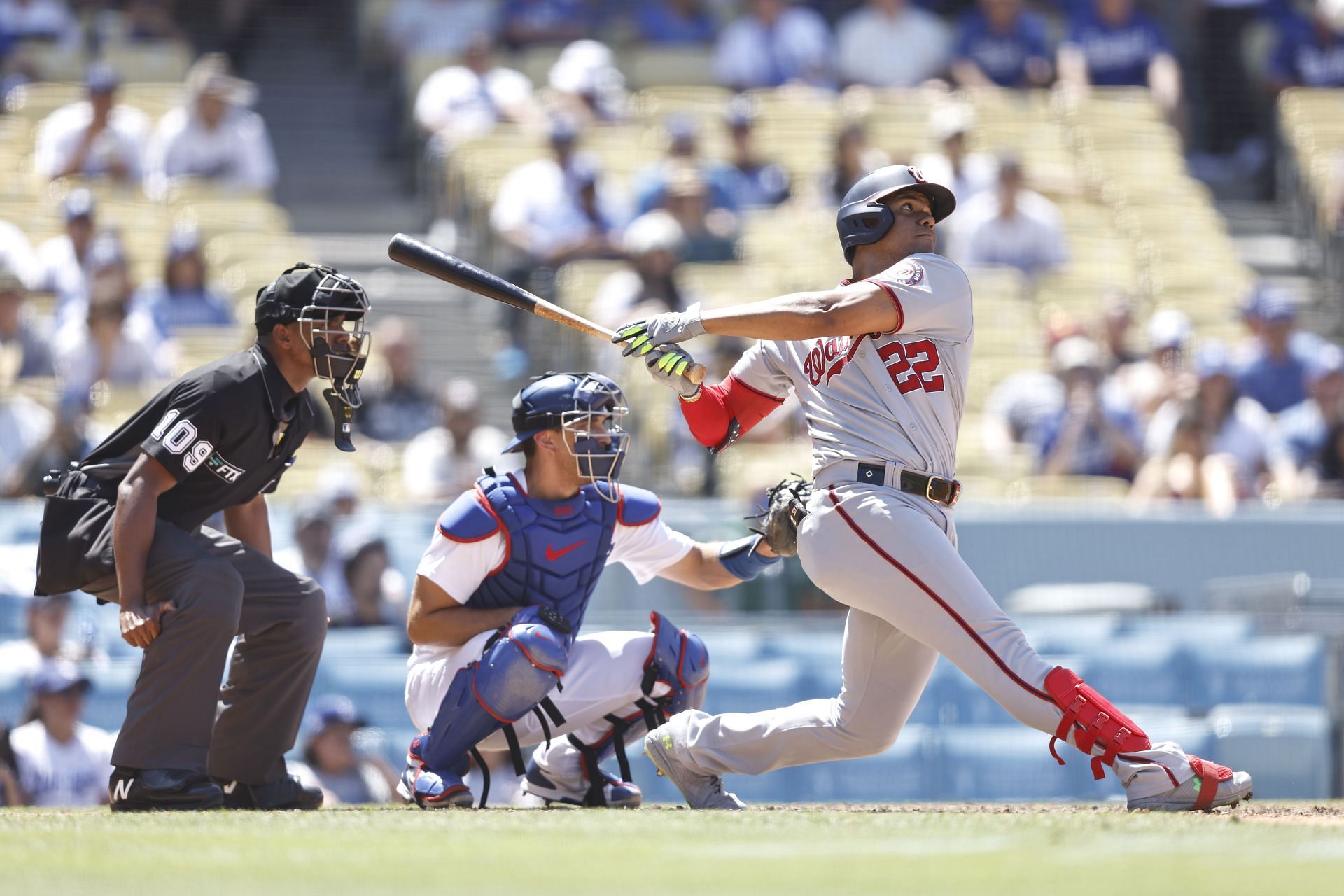 Juan Soto of the Washington Nationals at bat against the Los Angeles Dodgers during the eighth inning at Dodger Stadium on July 27