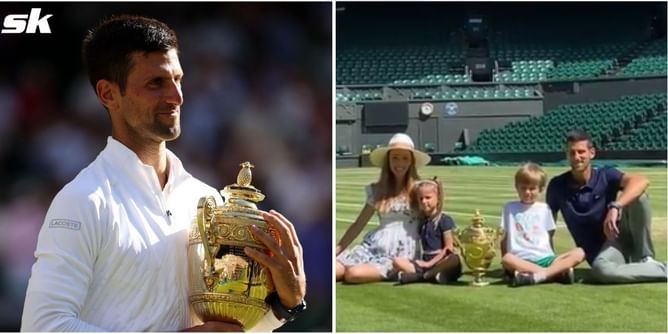Watch: Novak Djokovic shares a fun celebratory moment with his wife and kids on Centre Court after winning 2022 Wimbledon