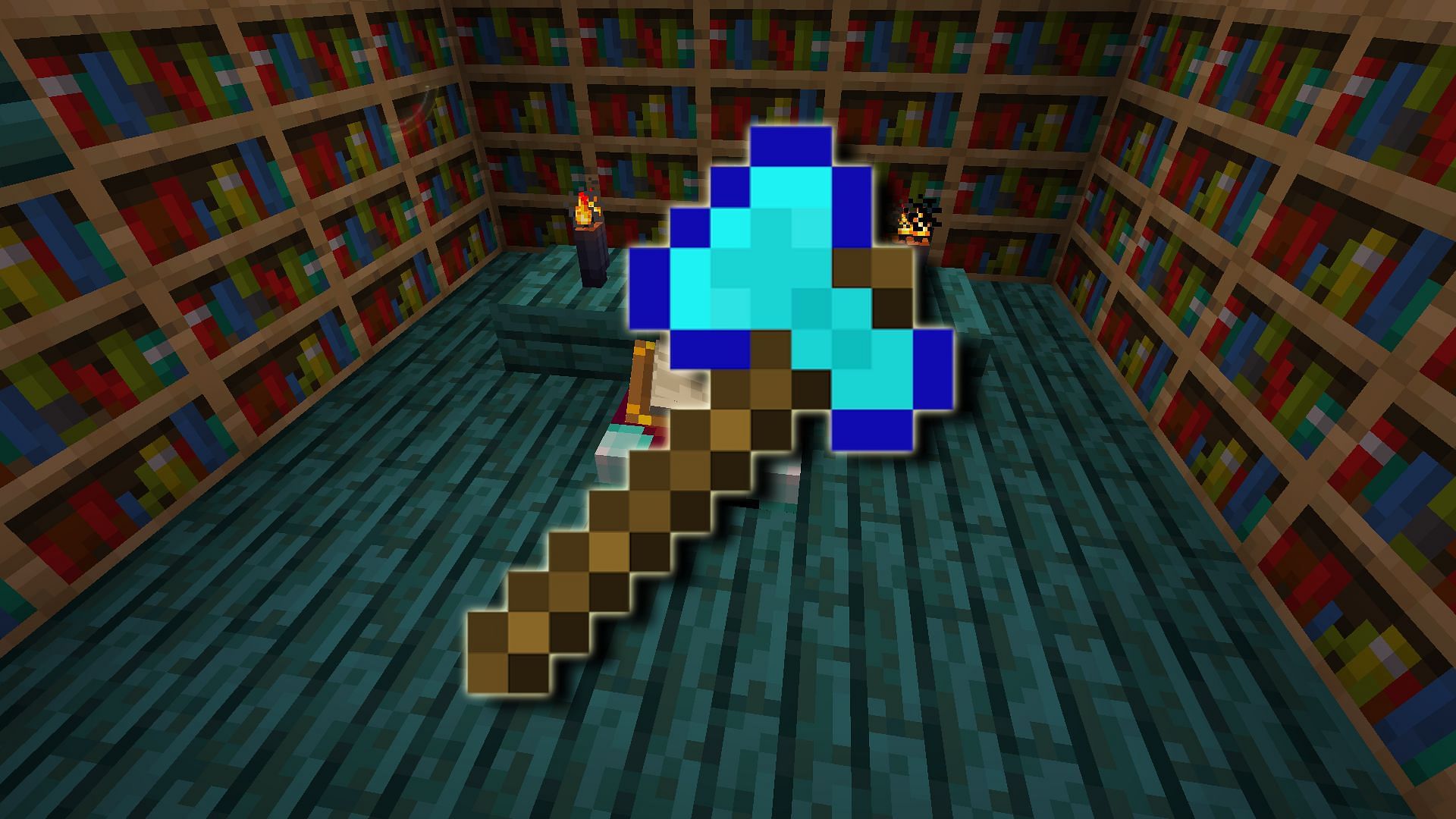 A simple enchanting setup with an image of an axe overlaid (Image via Minecraft)