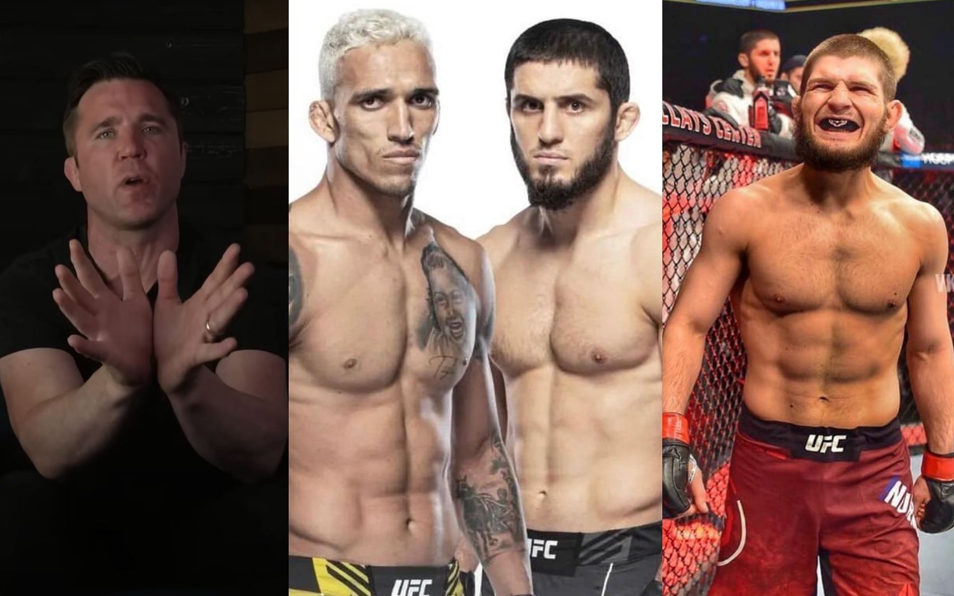 Left to right, Chael Sonnen, Charles Oliviera, Islam Makhachev, Khabib Nurmagomedov [Credits: Instagram @sonnench @charlesdobronxs @khabib_nurmagomedov