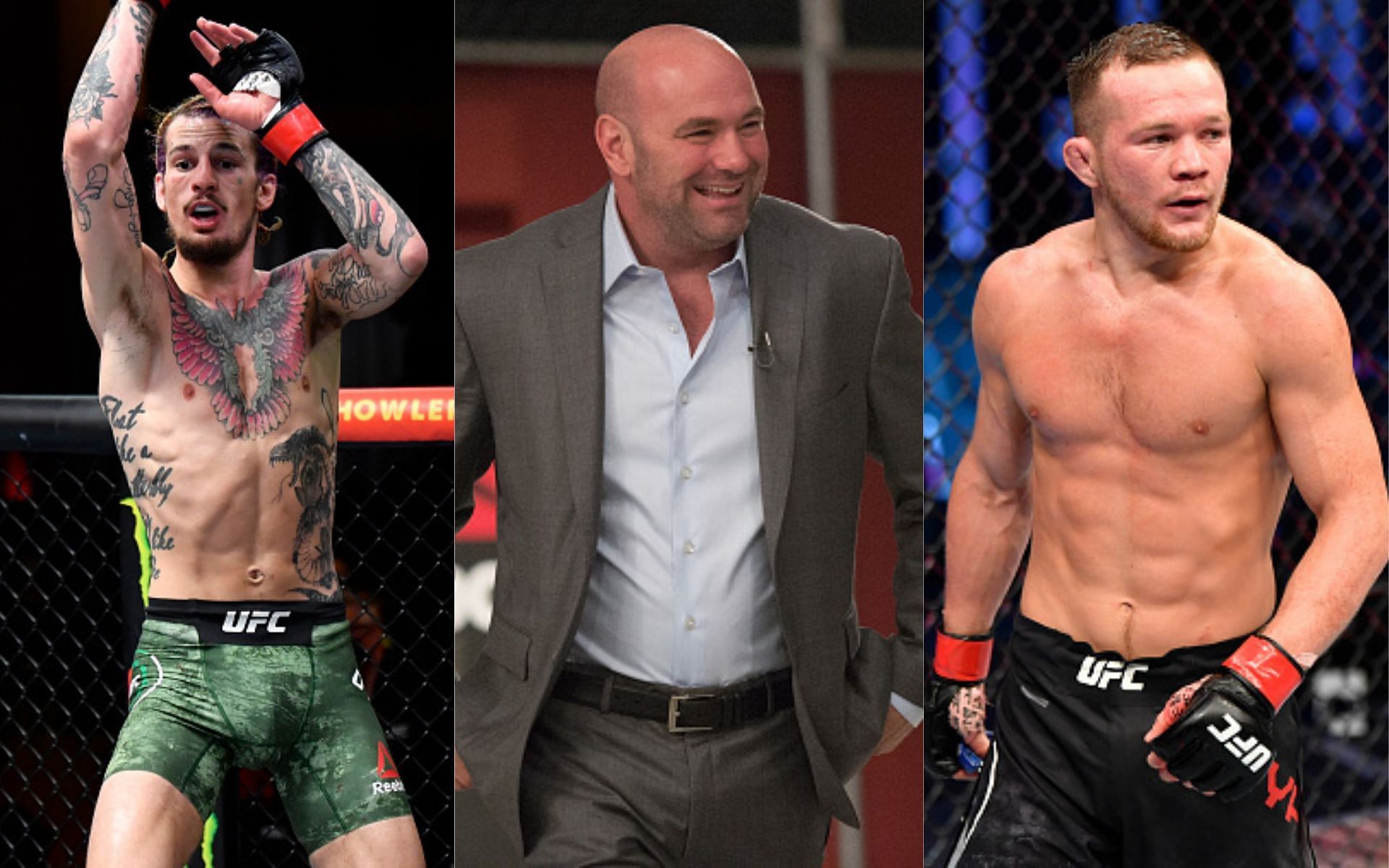 Sean O&#039;Malley (left), Dana White (middle), and Petr Yan (right)(Images via Getty)