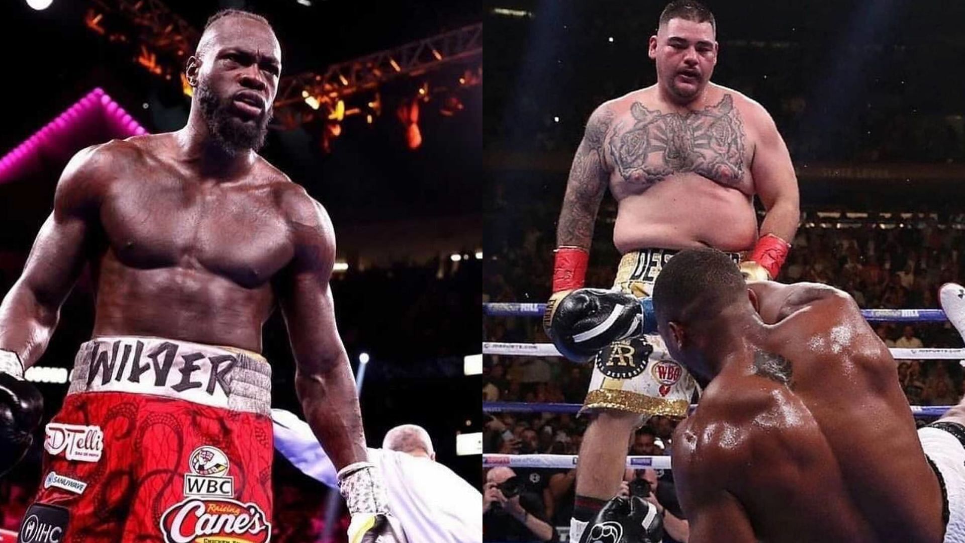 Deontay Wilder (left, @bronzebomber), Andy Ruiz Jr. dropping Anthony Joshua (right, @andy_destroyer13), [Credits: Instagram]