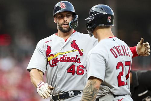 Paul Goldschmidt celebrates with Tyler O'Neill after hitting a home run.